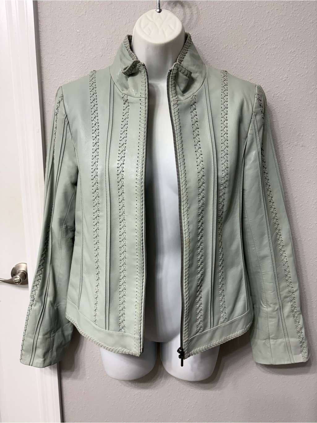 Lafayette 148 New York Sage Mint Green Leather Zip-Front Jacket